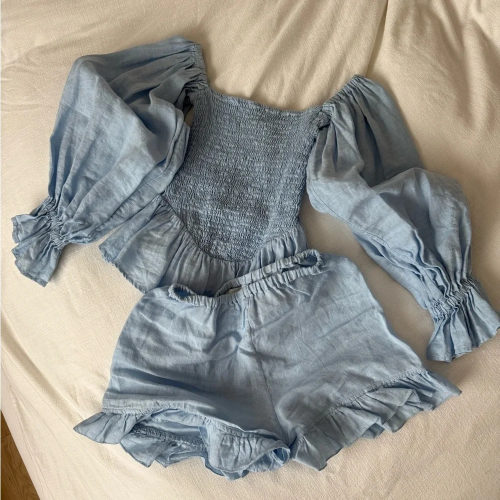 Sleeper Atlanta Light Blue Smocked Top and Shorts Set